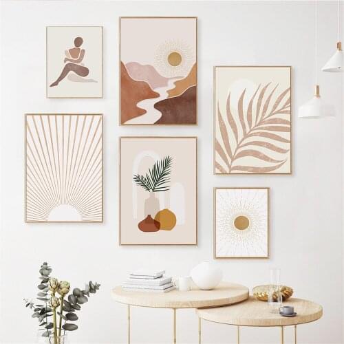 Anstract Skyline Sun Mountain River Landscape Wall Art Pictures Bedroom Decoration Leaf Palnt Poster Boho Women Line Art Prints