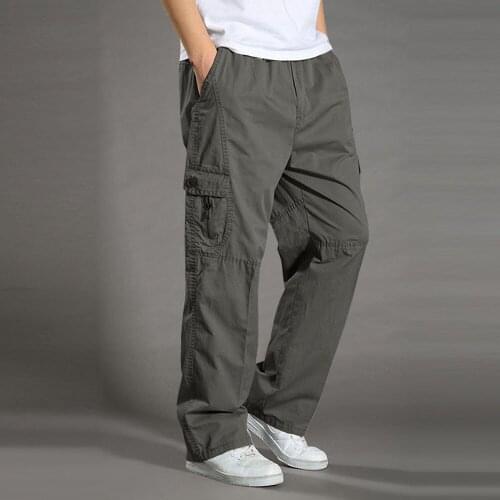 Mens Casual Trousers Cotton Overalls Elastic Waist Full Len Multi-Pocket Plus Fertilizer Mens Clothing Big Size Cargo Pants