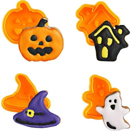 Halloween Cookie Stamp Biscuit Mold 3D Cookie Plunger Cutter DIY Baking Mould Halloween Cookie Cutters for Kitchen Tool 4pcs/set