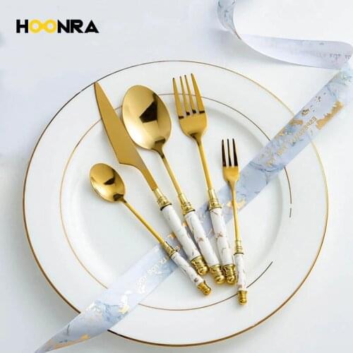 HOONRA 5/30Pcs Set Gold Cutlery Tableware Set Stainless Steel Dinner Steak Knife Fork Dessert Spoon Set Ceramic Handle Flatware
