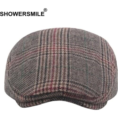 SHOWERSMILE Classic Wool Flat Cap for Men Beret Hat Tweed Wool Plaid Male Vintage Flat Cap British Style Spring Autumn Ivy Caps
