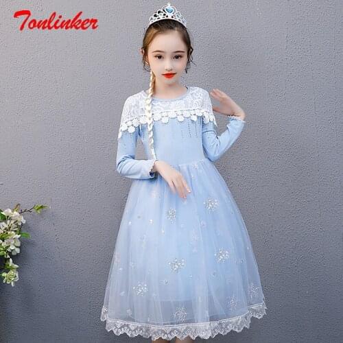 Girls Cartoon Movie Lace Long Sleeve Dress Costume Princess Snow Queen Dressing Up With Cape For Girl Halloween Fancy Dress