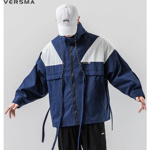 VERSMA Japanese Casual Contrast Color Retro Jacket Coat Men Hip Hop Streetwear Teen Loose Hood Windbreaker For Men Dropshipping