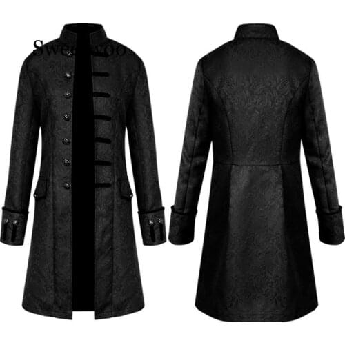 Steampunk Jacket Medieval Costume Trench Coat Men Long Sleeve Gothic Brocade Jacket Frock Coat Vintage Stand Collar Mens Coat