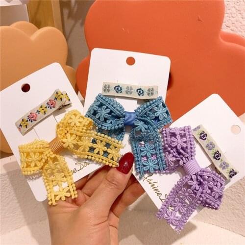 Korean Fashion Childrens Embroidery Flower Duckbill Clip Sweet Girl Simple Colorful Hollow Bow Hairpin Kids Hair Accessories