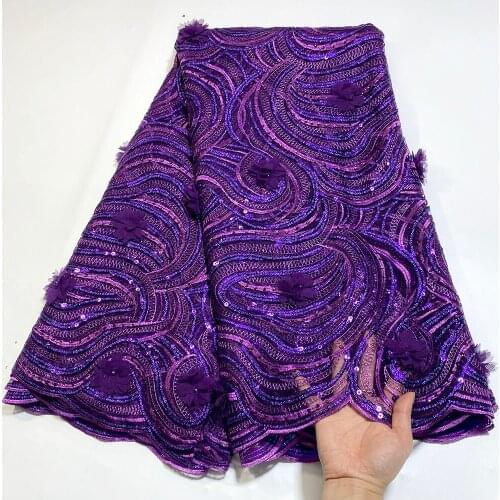 2021 New Purple Bead Sequins 3D Big Flower Gorgeous Sparkle Tulle Mesh Embroidery Lace Fabric Bridal Wedding Dress French Laces