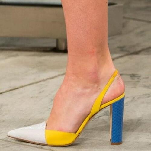 Sexy Muti Color Chunky Heels Dress Shoes Pointy Toe Patchwork Slingback Pumps Cut-out High Heel Women Square Heels Shoes