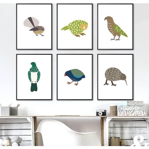 Cute New Zealand Birds Kereru, Kiwi, Fantail Posters Canvas Print Nursery Wall Art Canvas Painting Kea, Kakapo, Takahe Pictures