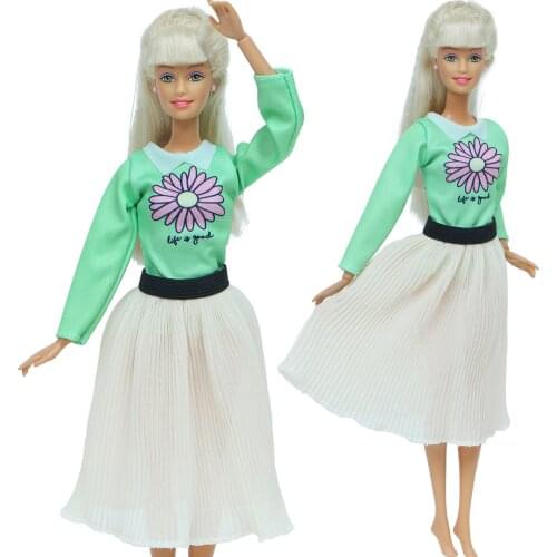 Handmade Doll Dress Daisy Flower Outfits Pleated Skirt Long Sleeve Blouse Clothes for Barbie Doll Accessories 12'' Kid Girl Toys