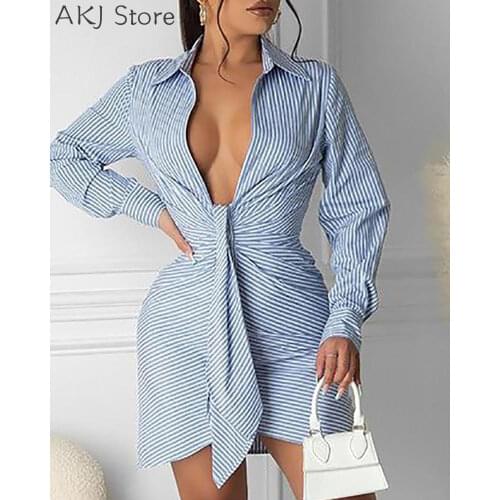 Striped Print Tie Front Long Sleeve Shirt Dress