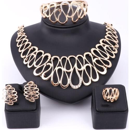 Bridal Gift Nigerian Wedding African Beads Jewelry Set Fashion Dubai Gold Color Crystal Costume Design Necklace Earring Ring