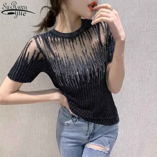 Spring Summer New Knitted Blouse Korean Clothes Sexy Diamonds Transparent Women Tops Ropa Mujer Shirt Short Sleeve Elastic Tees