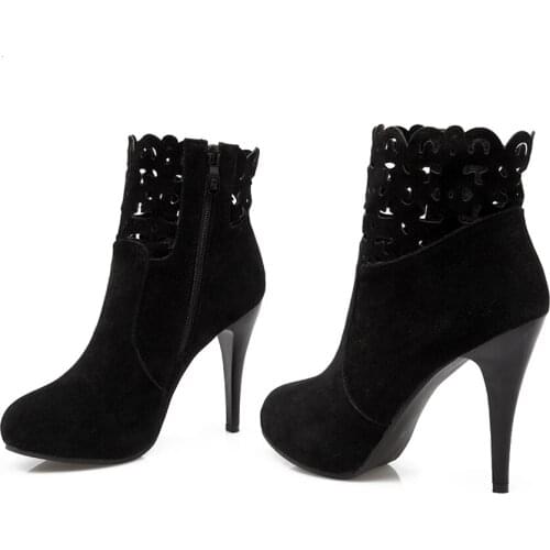 PQECFS Big size 32-43 high quality spring & autumn & winter women sweet solid cut-outs high heels ankle boots 3 colors