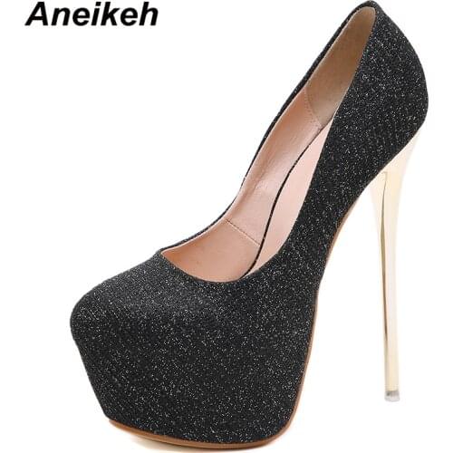 Aneikeh Sequins Fashion Women Platforms Pumps Square High Heels Shoes Sexy Pumps Round head Stripper Slip-On Party Size 34-40
