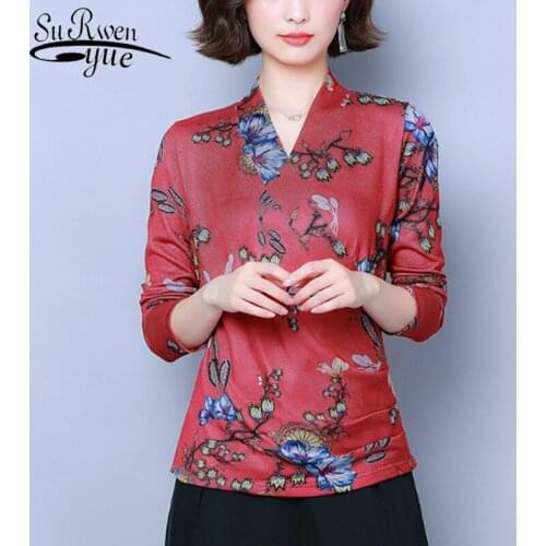 Vintage Women Tops and Blouse Sexy Long Sleeve V-neck Chiffon Blouse Blusas Mujer De Moda 2019 Print Autumn Tops 6585 50