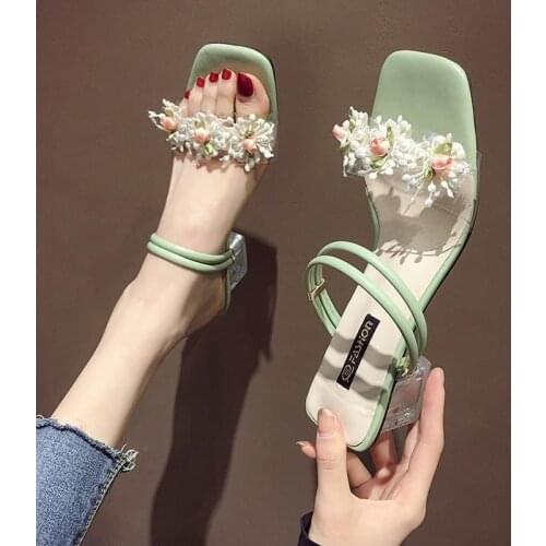 Womens Yellow Sandals New 2021 Flower Female Slides Clear Heel Womans Pumps 6cm Casual Shoes Ladies Summer Footwear High Heels