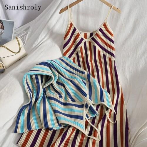 2021 Sexy V-Neck Stripe Spaghetti Strap Dress Autumn Women Sleeveless Patchwork Knitted Dress Female Long Sweater Sling Dresses