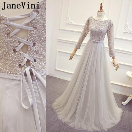 JaneVini Light Gray Arabic Long Sleeves Evening Dresses 2021 Scoop Neck Elegant Lace Pearls A Line Dubai Formal Gowns Plus Size