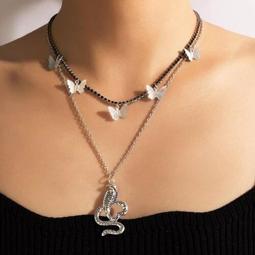 HuaTang Vintage Snake Pendant Necklace for Women Silver Color Butterfly Tassel Black Beaded Choker Necklace Charming Jewelry