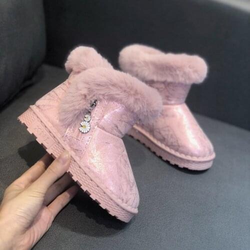 Girls snow boots 2021 winter new childrens shoes plus velvet thick hairy mouth leisurely big childrens tide short boots