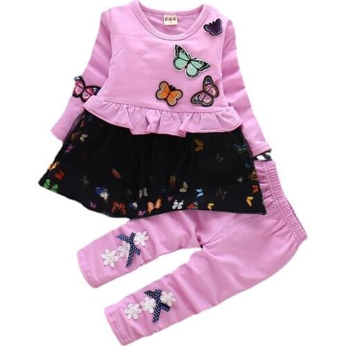New Autumn Children Cartoon Clothes Baby Girl Long Sleeve Lace T Shirt Pants 2Pcs/sets Infant Clothing Toddler Cotton Sportswear