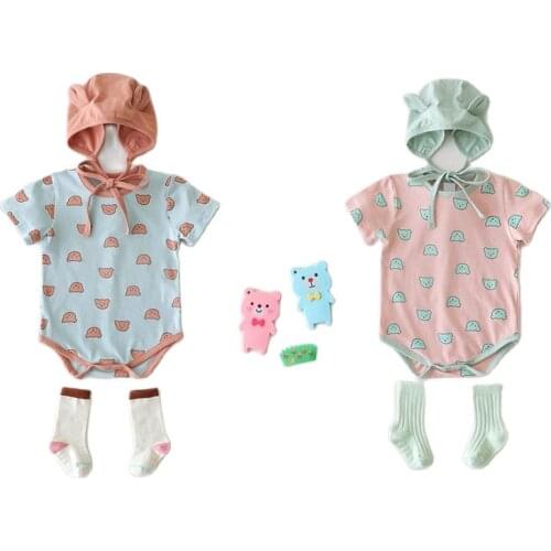 Baby Clothes Cartoon Baby Boys Bodysuits Little Bear Print Infant Girls Rompers Short Sleeve Childrens Clothes with Hat