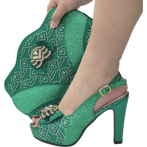Doershow beautiful Shoes and Bag Set African Sets 2020 green Color Italian Shoe Bag Set Decorated with Rhinestone SIO1-5