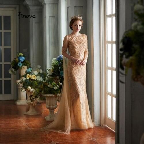 Finove Noble Champagne Evening Dresses 2020 Elegant Beading Mermaid Dress With Feathers Floor Length Party Gowns In Women' Dress