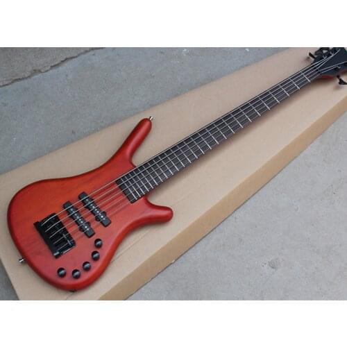 In Stock-5 Strings Matte Red-brown Electric Bass Guitar with Bark Grain Veneer,Maple fretboard