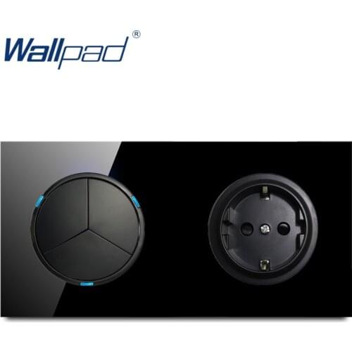 Wallpad 3 Gang 2 Way EU 16A German Socket Crystal Tempered Pure Black Glass Panel Wall Power Socket Outlet Grounded