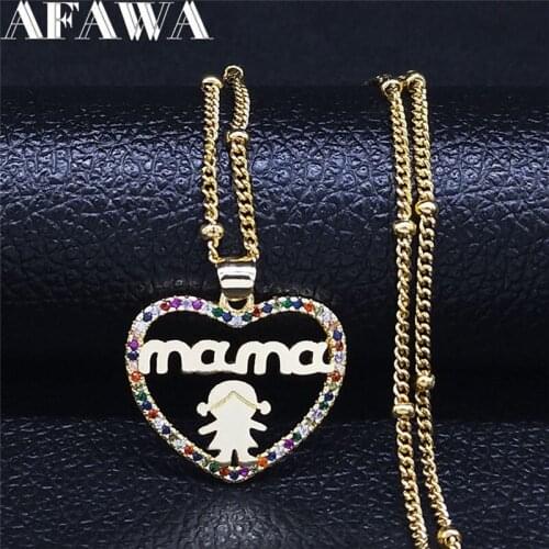 Mama Heart Girl Colored Zircon Copper Necklace Women Gold Color Stainless Steel Chain Necklace Jewelry collares mujer NXS01