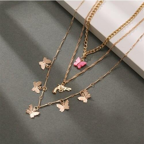 INS Fashion Acrylic Multilayer Butterfly Necklace Women Fashion Gold Color Metal Pistol Pendant Choker Hip-Hop Jewelry