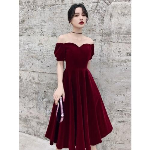Burgundy Short Evening Dresses 2021 Off Shoulder Prom Dresses Velvet Women Formal Party Night Vestidos De Gala Graduation Gowns