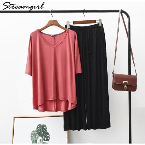 Womens Suit Women Oversize Pant Suits Summer Two Piece Set Women Top And Pants Modal V Neck Tops 2021 Wide Leg Pants Summer