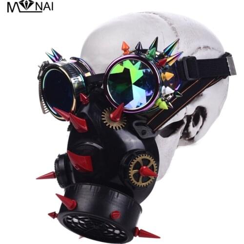 Steam Punk Men Women Colorful Long Spikes Studded Mask with Goggles Punk Gothic Red Rivets Glasses and Gear Mask Biker Rock