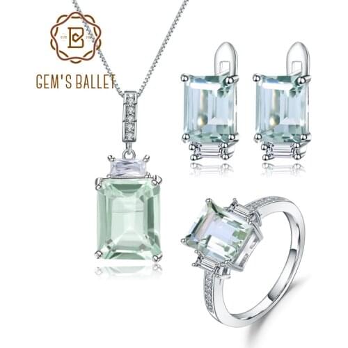 GEMS BALLET Natural Octagon Green Amethyst Earrings Ring Pendant Set Real 925 Sterling Silver Gemstone Jewelry Set For Women