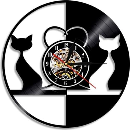 Vintage Design Love Cats Illuminated Vinyl Record Wall Clock Animals Clocks Couple Cats LED Light Kitten Kitty Home Decor Watch