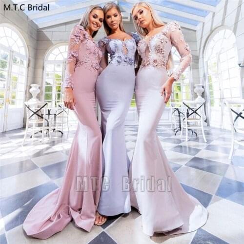 New Long Sleeves Mermaid Bridesmaid Dresses Dusty Rose Appliques Flowers Plus Size Maid Of Honor Wedding Party Dress Cheap