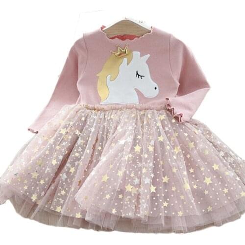 Baby Girl Autumn Dress 2-6 Age Kids Cartoon Mesh Dress Girl Cotton Princess Dress Children Birthday Ball Gown Party Clothing