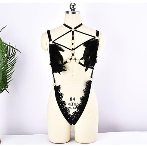 90s Fetish Wear Feather Harness Festival Rave Feather Bondage Lingerie Set Pastel Goth Vintage Body Cage Sexy Bodysuit BDSM
