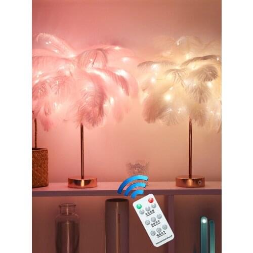 Remote Control Feather Table Lamp USB/AA Battery Power DIY Creative Warm Light Tree Lampshade Wedding Home Bedroom Decor
