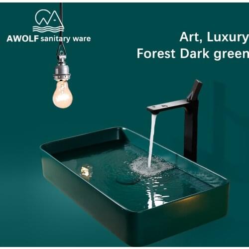 Bathroom Sinks Art Ceramic Vessel Hand Made Luxury Modern Dark Green Washing Basin Sink With Pop Up Drain Solf HoseSet AM802