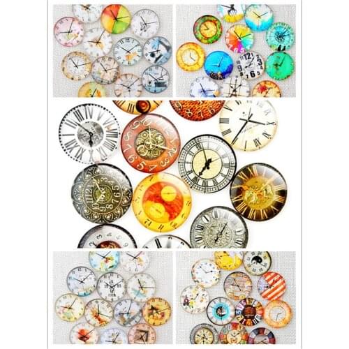 Retro Alarm Clock Mosaic Art Random Mixed Color Printed Glass Half Round Cabochons Tiles, for Photo Pendant Craft Jewelry Making