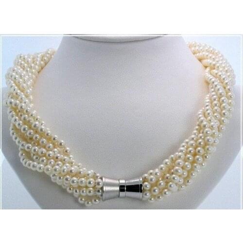 Terisa Pearljewelry 9 Strand AA 4-4.5MM 17 inches White Freshwater Pearl Twist Necklace Magnetic Clasp