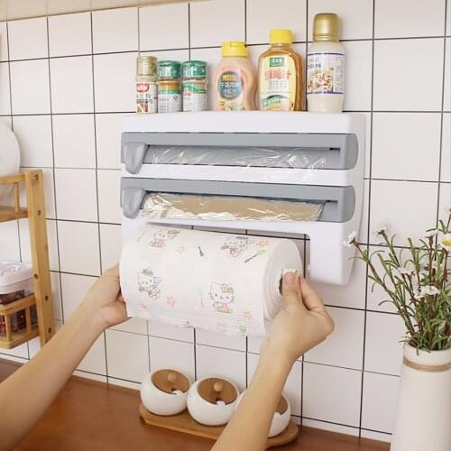 Three-In-One Wall Paper Towel Rack Kitchen Tin Foil Storage Rack Plastic Wrap Household Hanger Paper Rack Function Multi-Purpose