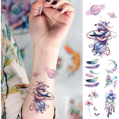 Waterproof Temporary Tattoo Sticker Watercolor Universe Whale Flash Tatoo Butterfly Flowers Fake Tatto For Body Art Women Men