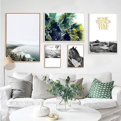 Waterfall Green Palm Leaves Calm Beach Birds Nordic Poster Wall Art Print Canvas Painting Decoration Pictures For Living Room