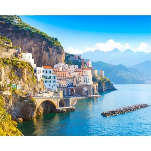 Landscape Seaside Town DIY Cross Stitch 11CT Embroidery Kits Craft Needlework Set Cotton Thread Printed Canvas Home Sale