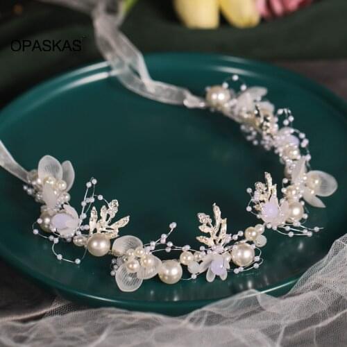 Pearl Bridal Headpieces with Ribbon Handmade Simple Wedding Headband Hair Accessories for Wedding Party VL