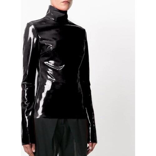 Women Vintage Latex Leather High Neck Tops Black Highstreet Turtleneck Warm Pullover Long Sleeve Red PU Zipper T Shirt Custom